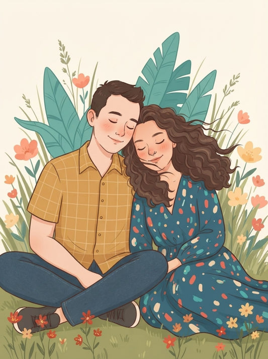 Personalized wedding invitation, bride and groom having a picnic