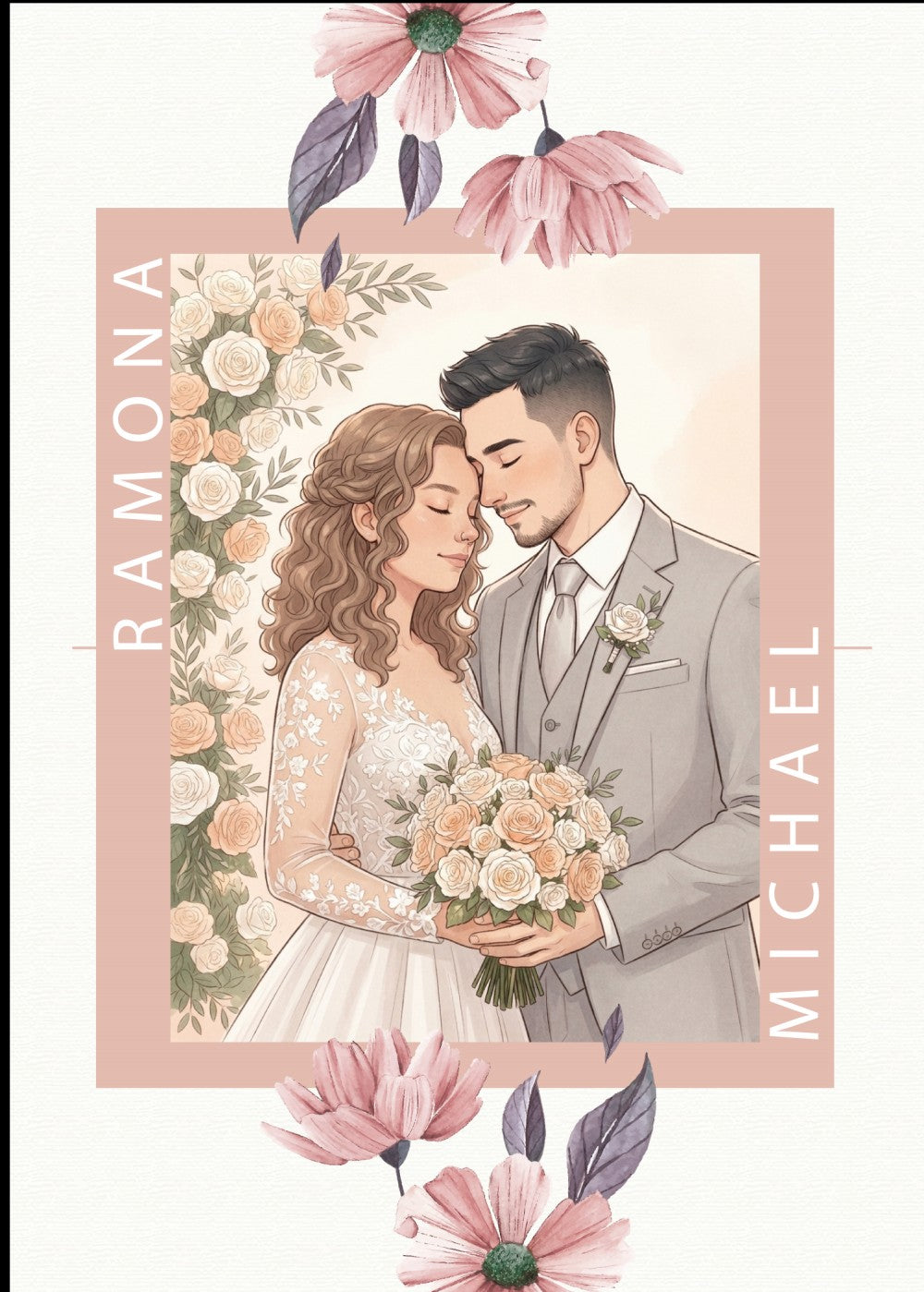 Personalized wedding invitation, bride and groom holding a bouquet of flowers