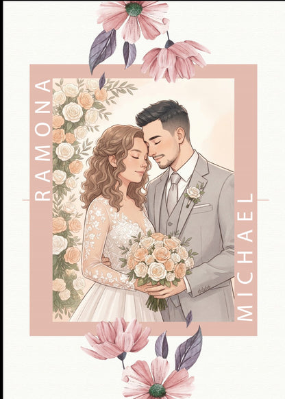 Personalized wedding invitation, bride and groom holding a bouquet of flowers