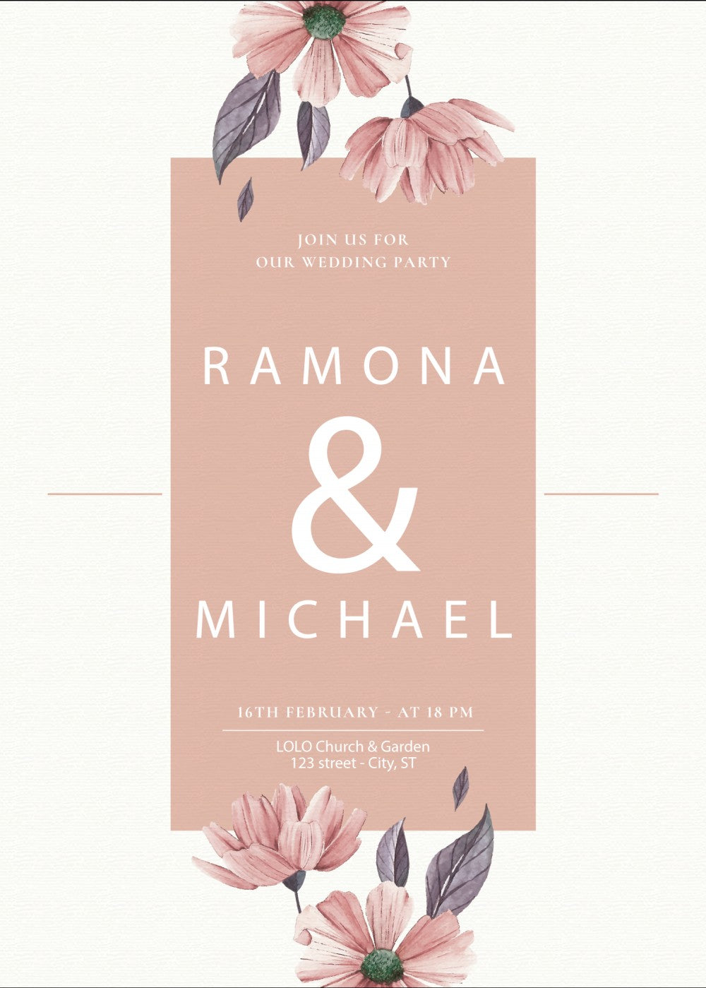 Personalized wedding invitation, bride and groom holding a bouquet of flowers
