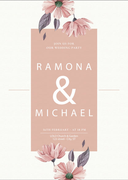Personalized wedding invitation, bride and groom holding a bouquet of flowers