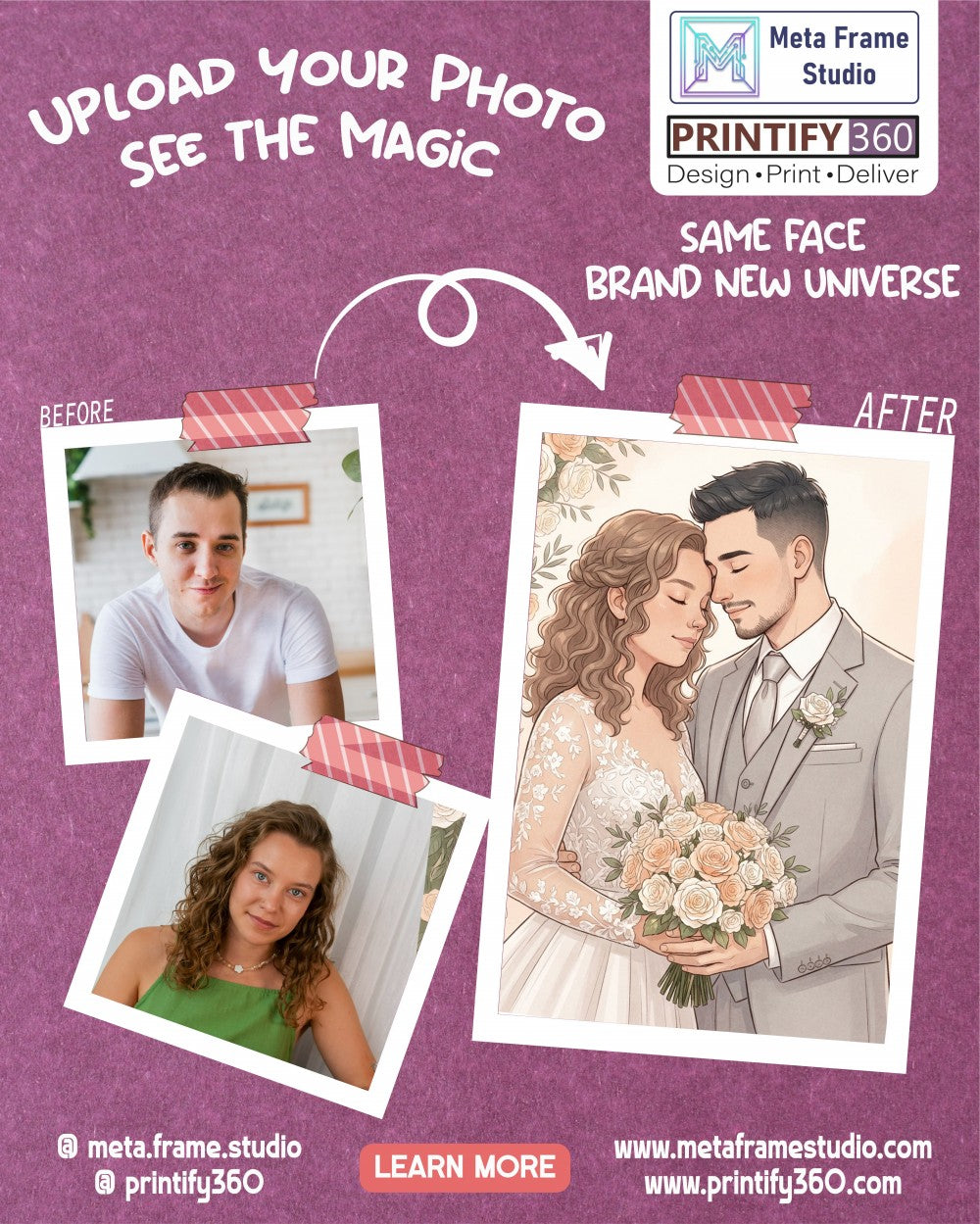 Personalized wedding invitation, bride and groom holding a bouquet of flowers