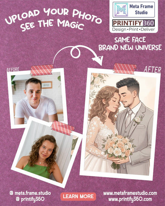 Personalized wedding invitation, bride and groom holding a bouquet of flowers