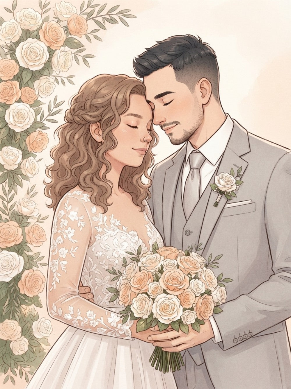 Personalized wedding invitation, bride and groom holding a bouquet of flowers