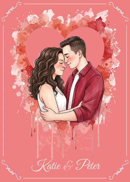 Personalized wedding invitation, bride and groom inside a heart