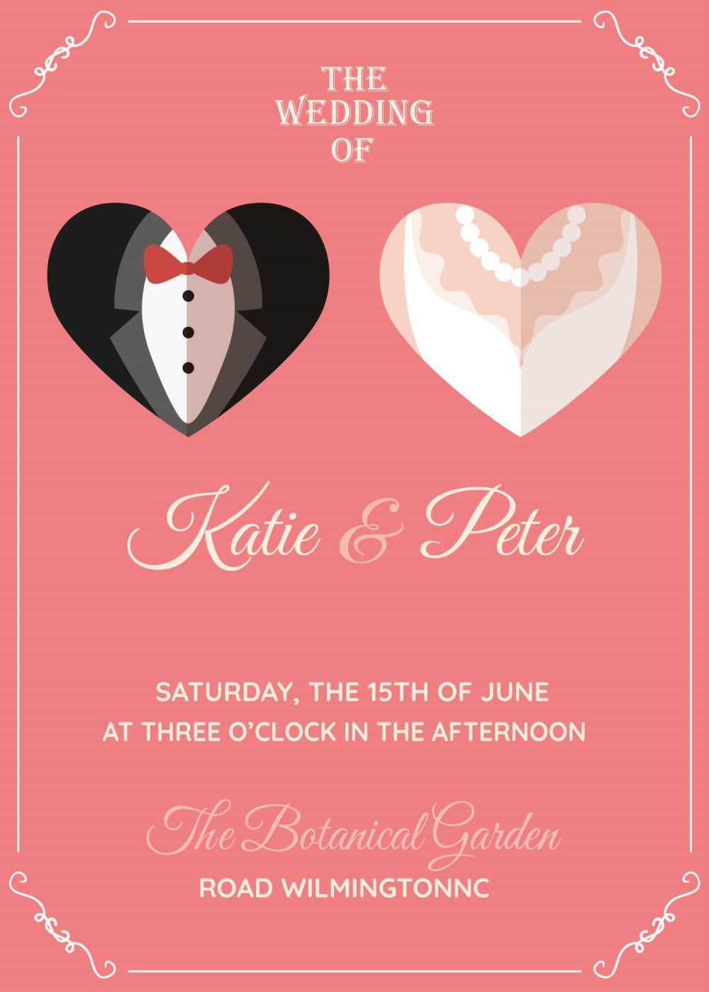 Personalized wedding invitation, bride and groom inside a heart