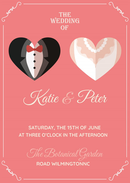 Personalized wedding invitation, bride and groom inside a heart