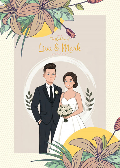 Personalized wedding invitation, bride and groom in the garden of love