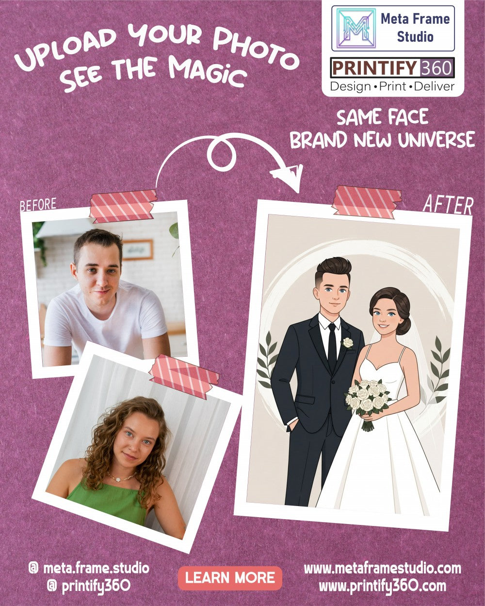 Personalized wedding invitation, bride and groom in the garden of love