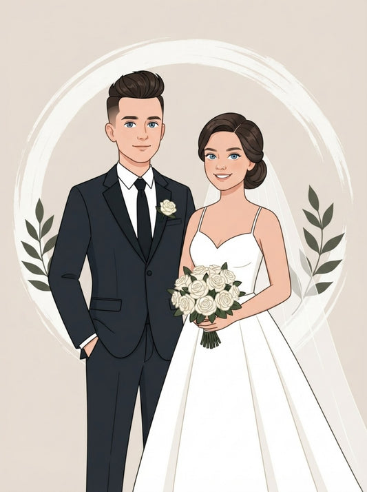 Personalized wedding invitation, bride and groom in the garden of love