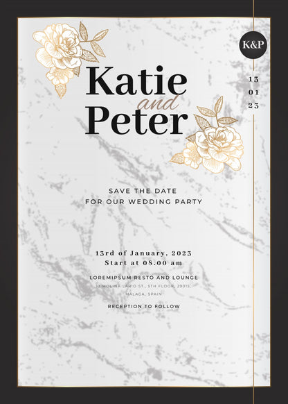 Personalized wedding invitation, bride and groom lifestyle photos
