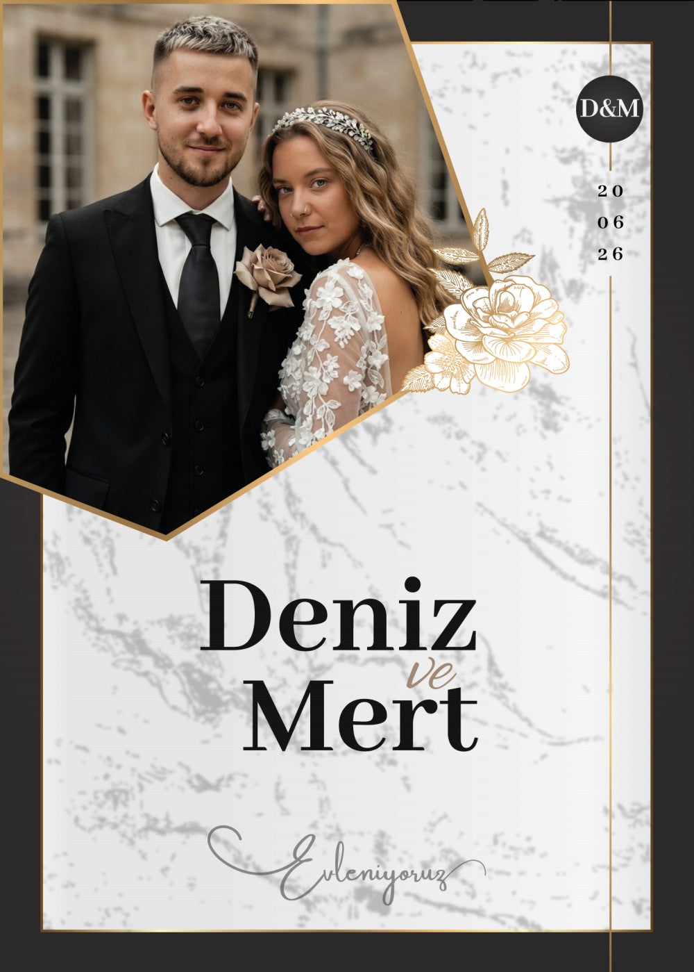 Personalized wedding invitation, bride and groom lifestyle photos