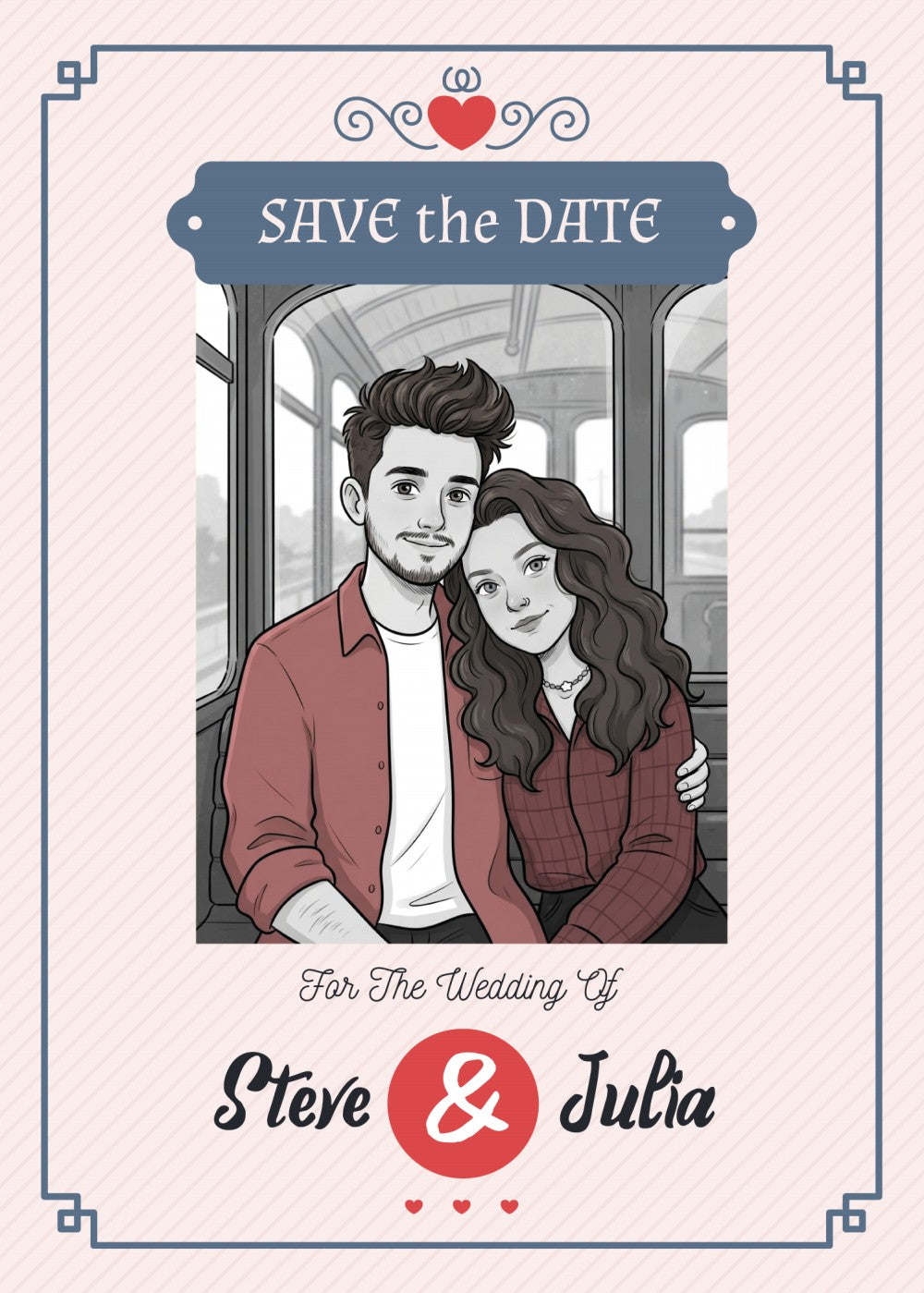 Personalized wedding invitation with video, bride and groom on a tram