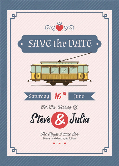Personalized wedding invitation with video, bride and groom on a tram