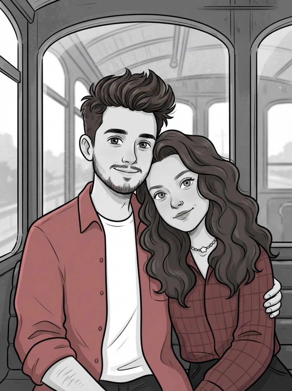 Personalized wedding invitation, bride and groom on a tram