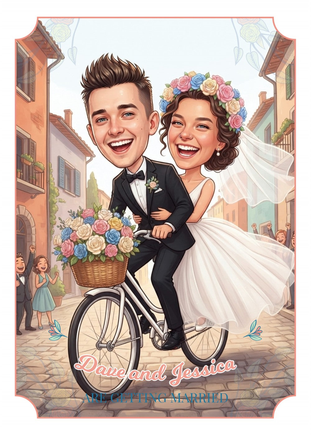 Personalized wedding invitation, bride and groom on bicycles