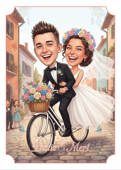 Personalized wedding invitation, bride and groom on bicycles