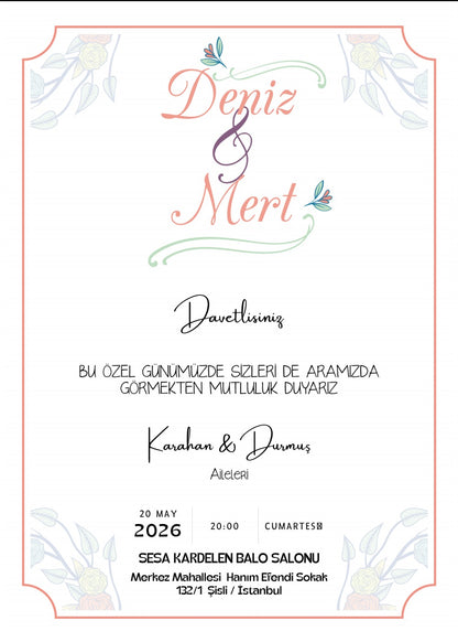 Personalized wedding invitation, bride and groom on bicycles
