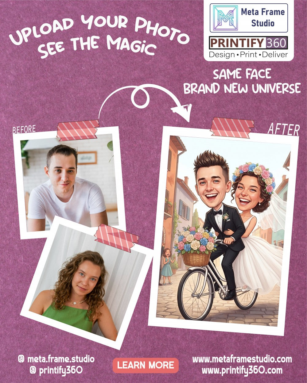Personalized wedding invitation, bride and groom on bicycles