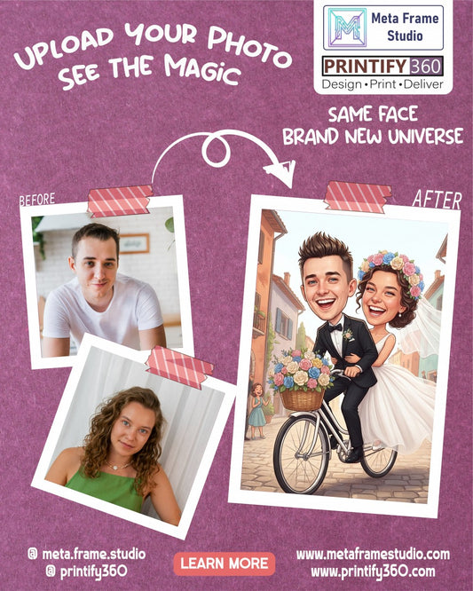 Personalized wedding invitation, bride and groom on bicycles