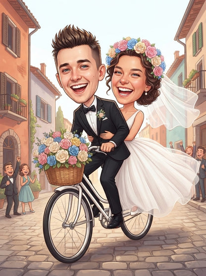 Personalized wedding invitation, bride and groom on bicycles