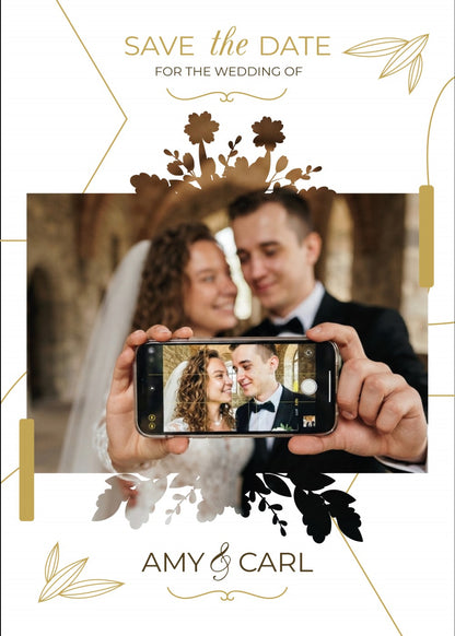 Personalized wedding invitation with video, bride and groom phone selfie