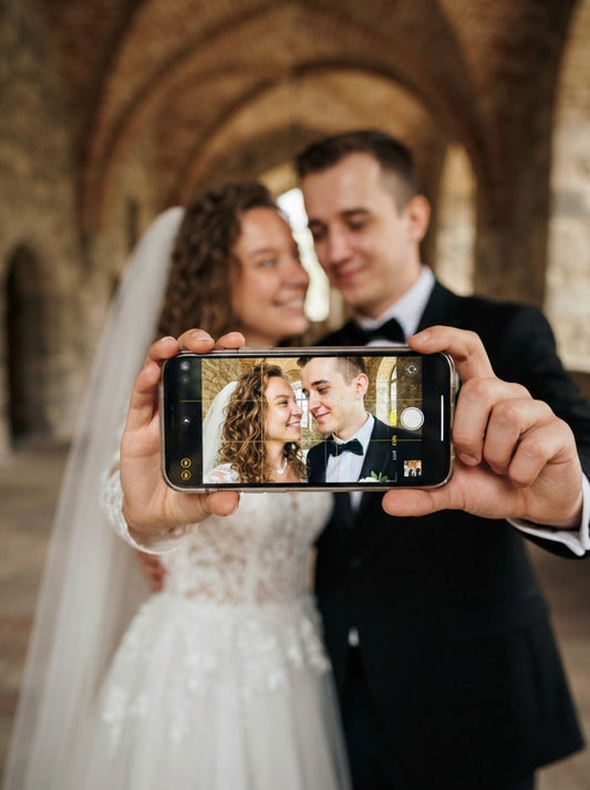 Personalized wedding invitation, bride and groom phone selfie