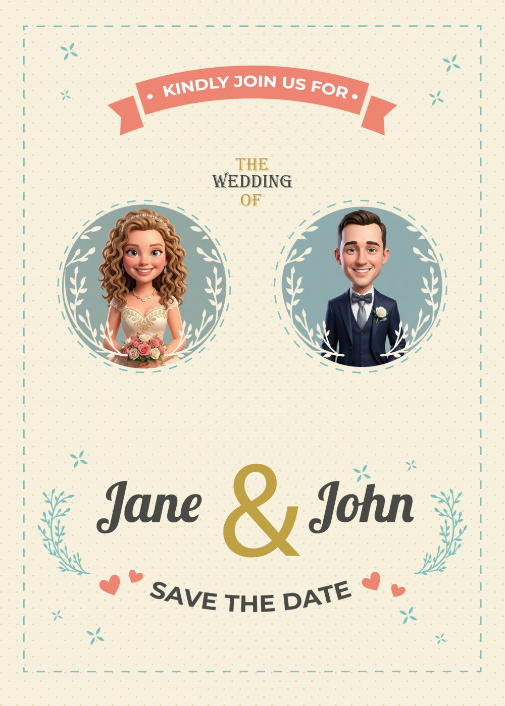 Personalized wedding invitation, bride and groom profile photos