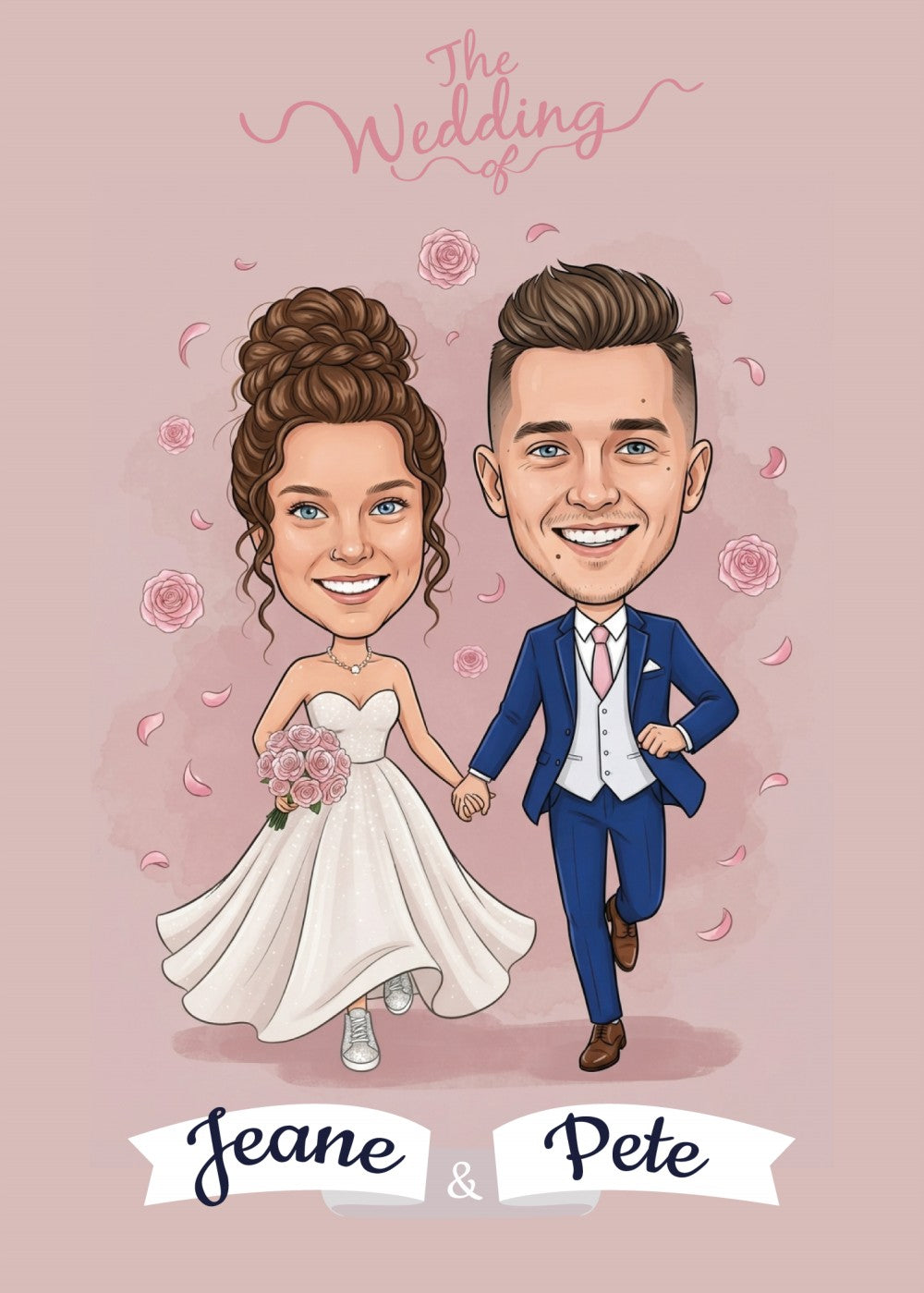 Personalized wedding invitation, bride and groom running