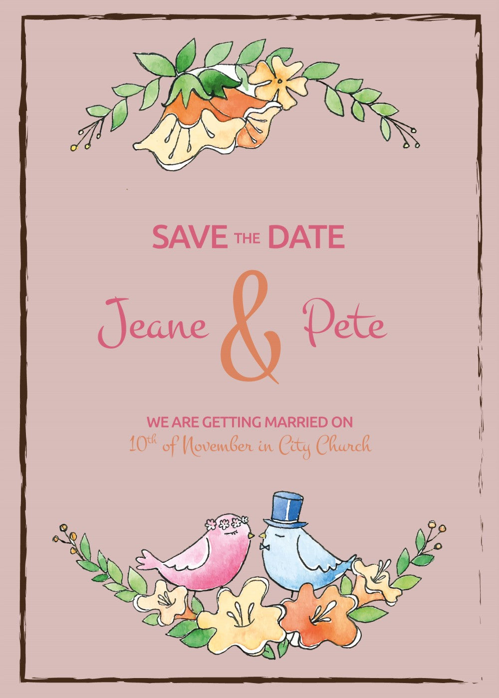 Personalized wedding invitation, bride and groom running
