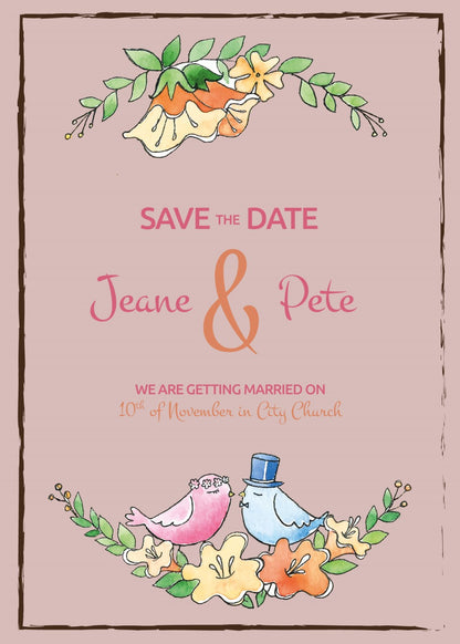 Personalized wedding invitation, bride and groom running