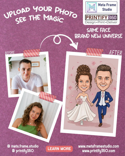 Personalized wedding invitation, bride and groom running