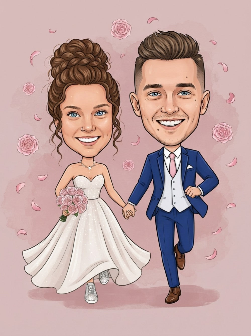 Personalized wedding invitation, bride and groom running