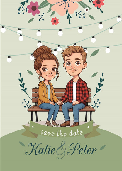 Personalized wedding invitation, bride and groom sitting on a bench