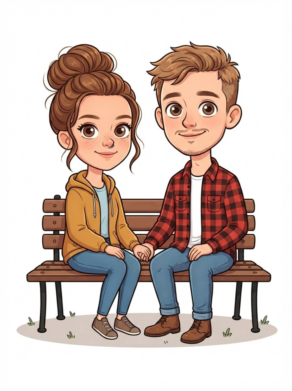 Personalized wedding invitation, bride and groom sitting on a bench
