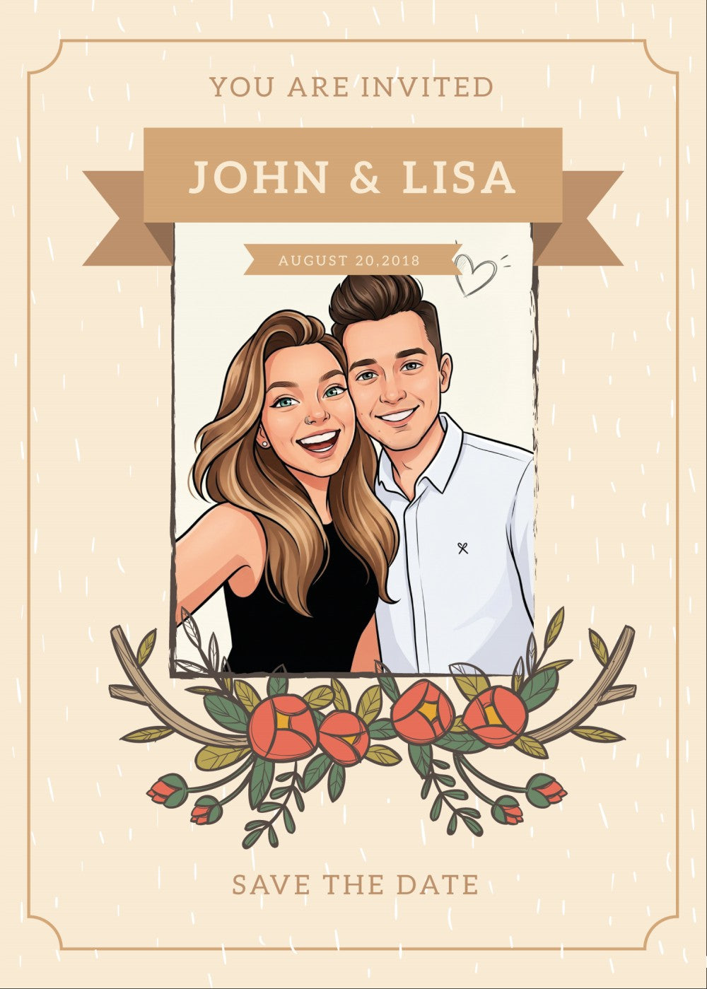 Personalized wedding invitation, bride and groom taking selfies