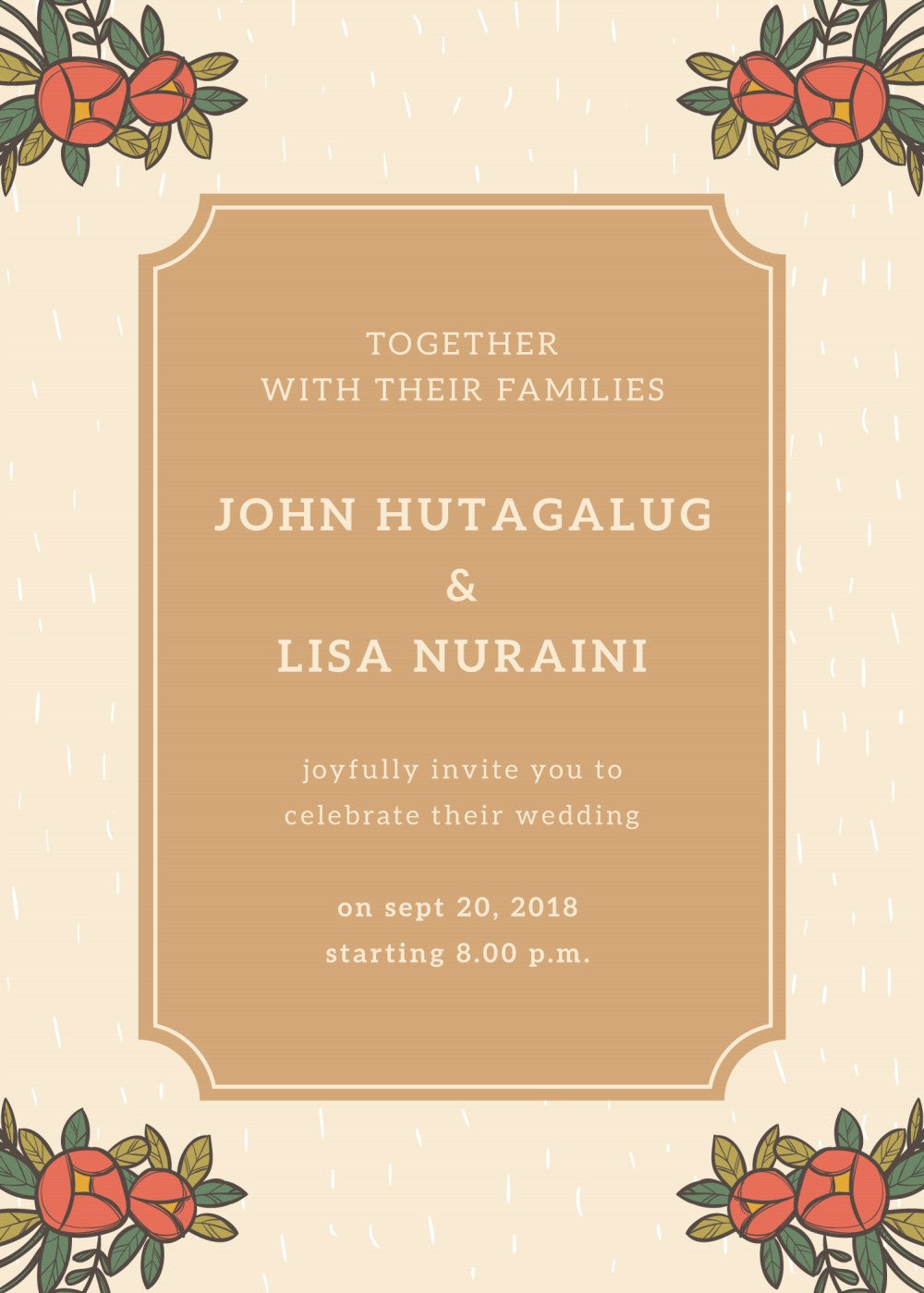 Personalized wedding invitation, bride and groom taking selfies