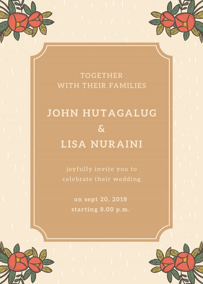 Personalized wedding invitation, bride and groom taking selfies