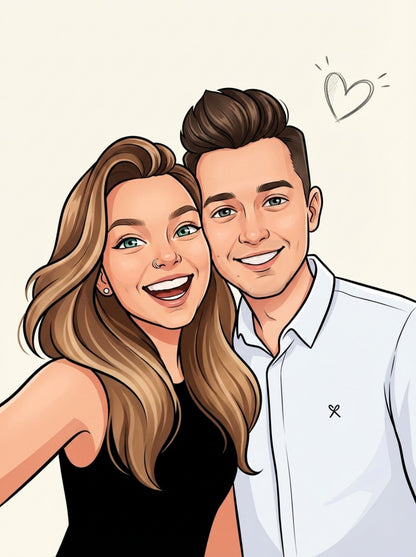 Personalized wedding invitation, bride and groom taking selfies