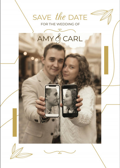 Personalized wedding invitation, bride and groom taking selfies with their phones