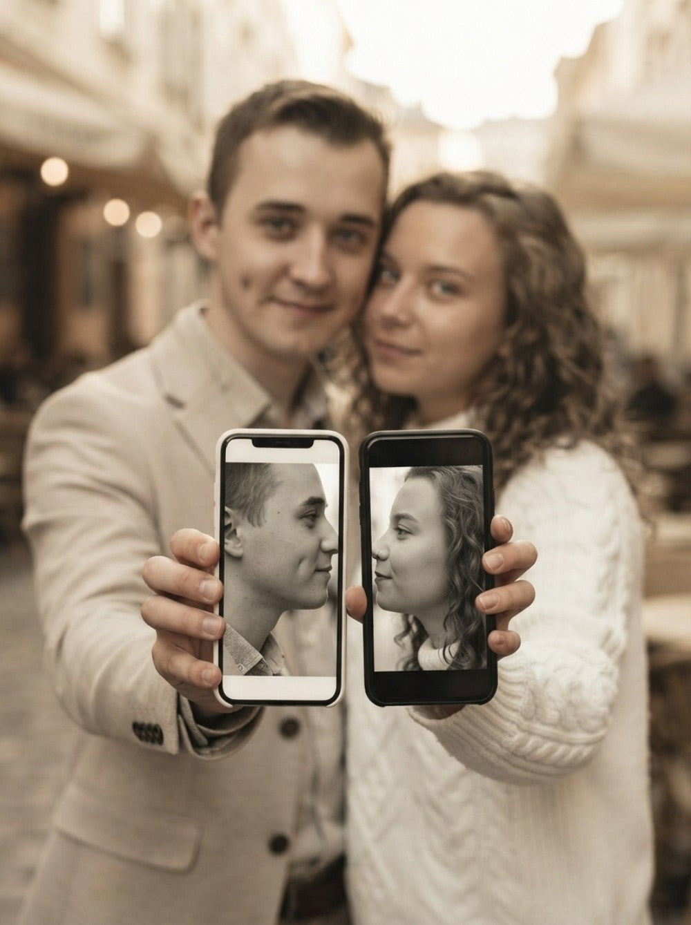 Personalized wedding invitation, bride and groom taking selfies with their phones