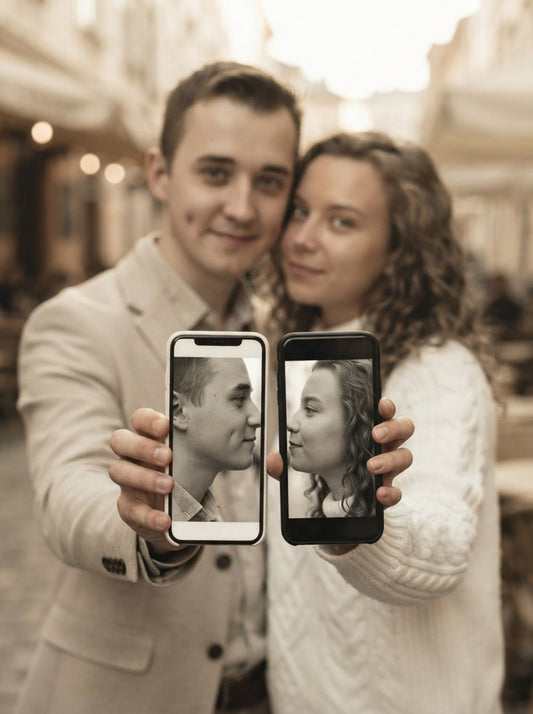 Personalized wedding invitation, bride and groom taking selfies with their phones