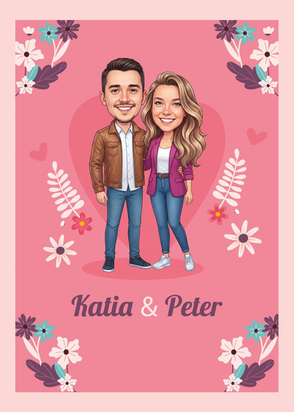 Personalized wedding invitation, bride and groom with pink hearts
