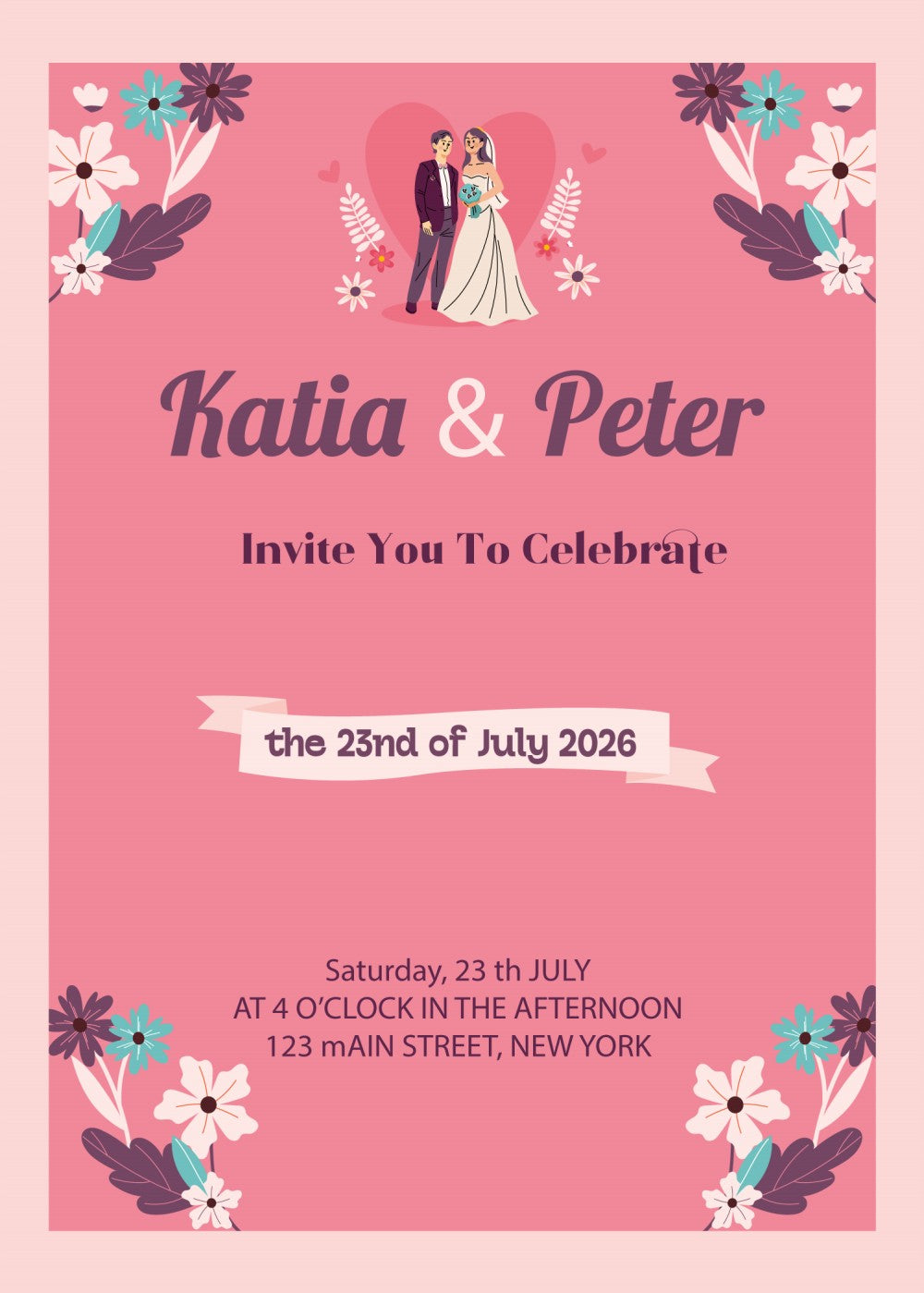 Personalized wedding invitation, bride and groom with pink hearts