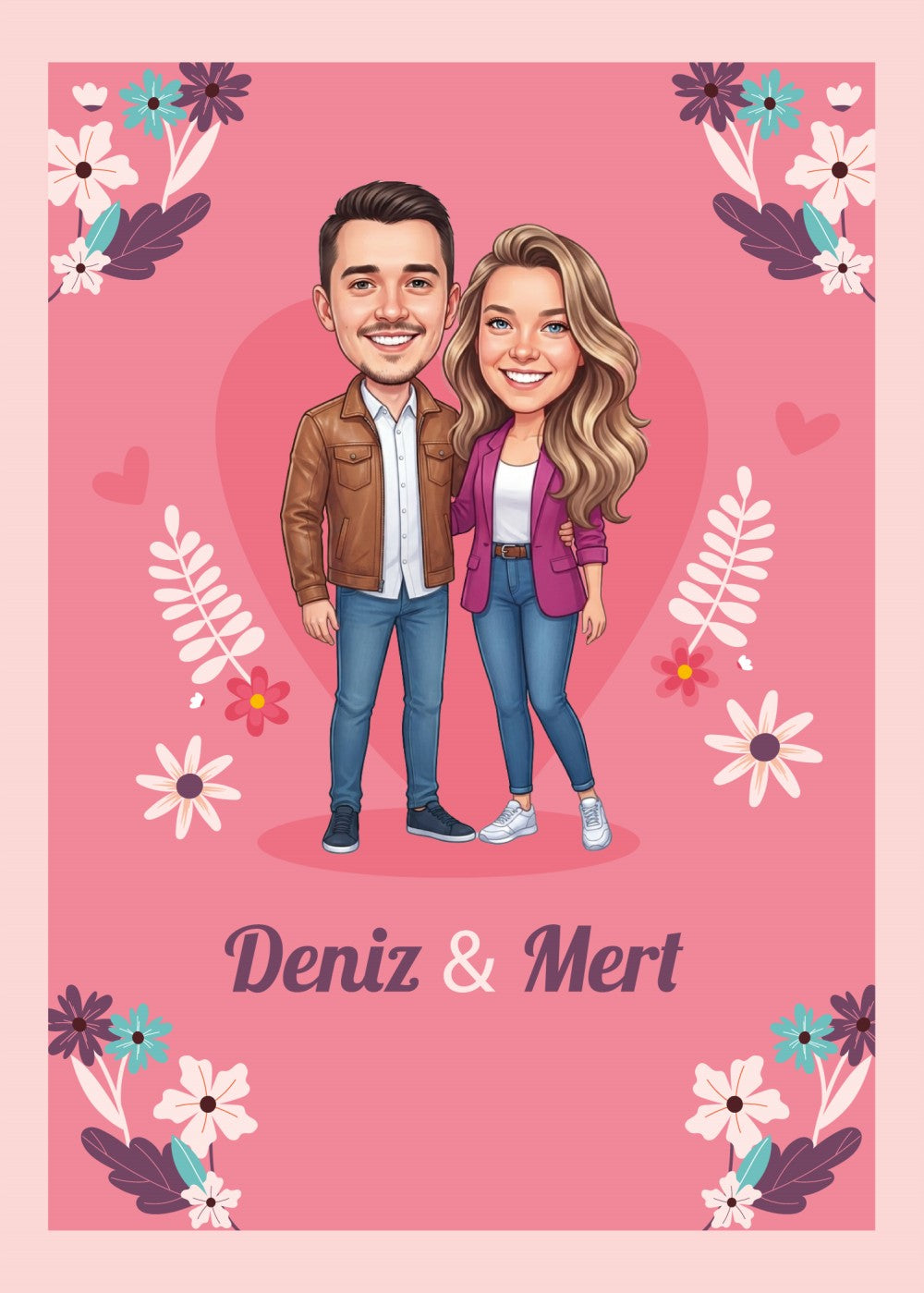 Personalized wedding invitation, bride and groom with pink hearts