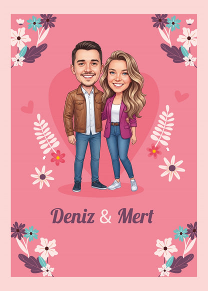 Personalized wedding invitation, bride and groom with pink hearts