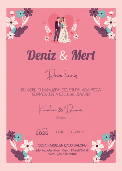 Personalized wedding invitation, bride and groom with pink hearts