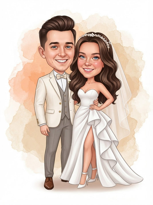 Personalized wedding invitation, bride and groom with watercolor effect