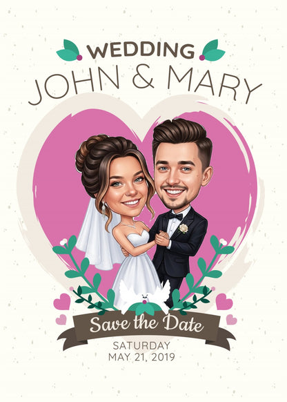 Personalized wedding invitation, caricature of bride and groom