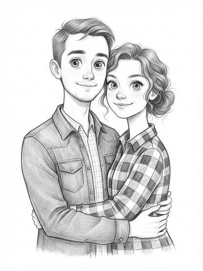 Personalized wedding invitation, charcoal animated drawing of bride and groom